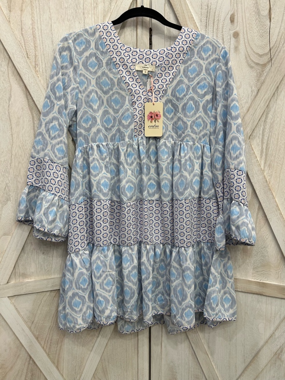 entro Blue and White Printed V-Neck Tunic